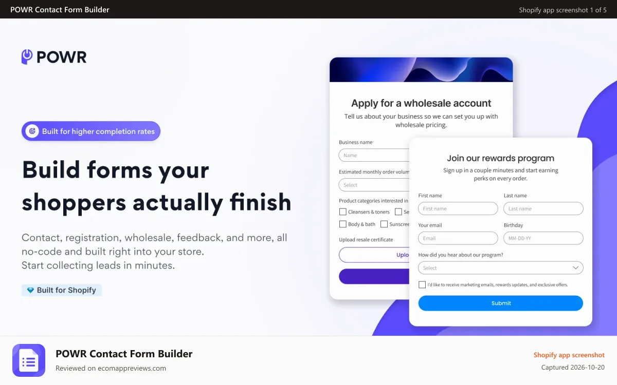 POWR Contact Form Builder Shopify app screenshot: Build forms your shoppers actually finish