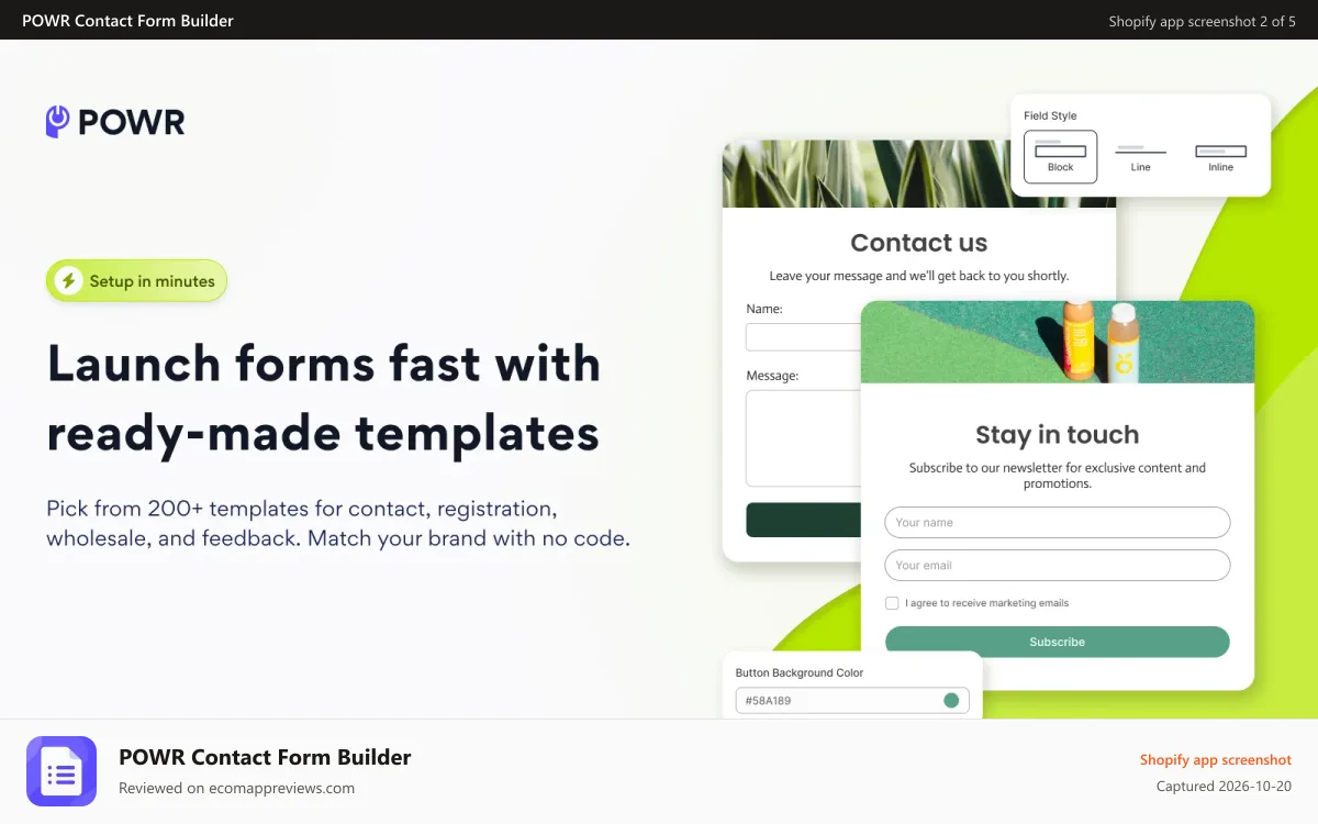 POWR Contact Form Builder Shopify app screenshot: Launch forms fast with ready-made templates