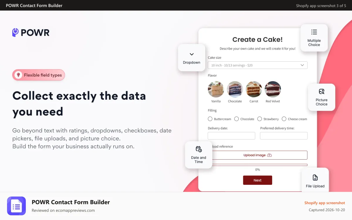 POWR Contact Form Builder Shopify app screenshot: Collect exactly the data you need