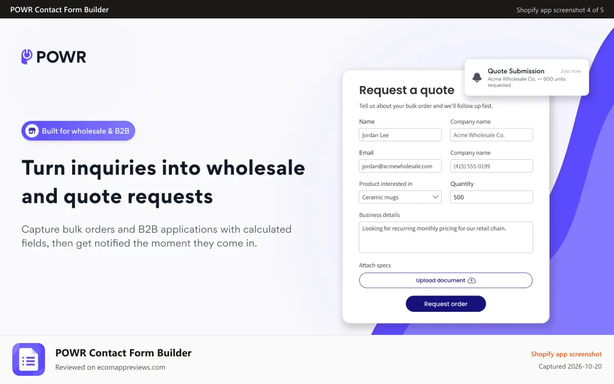 POWR Contact Form Builder Shopify app screenshot: Turn inquiries into wholesale and quote requests