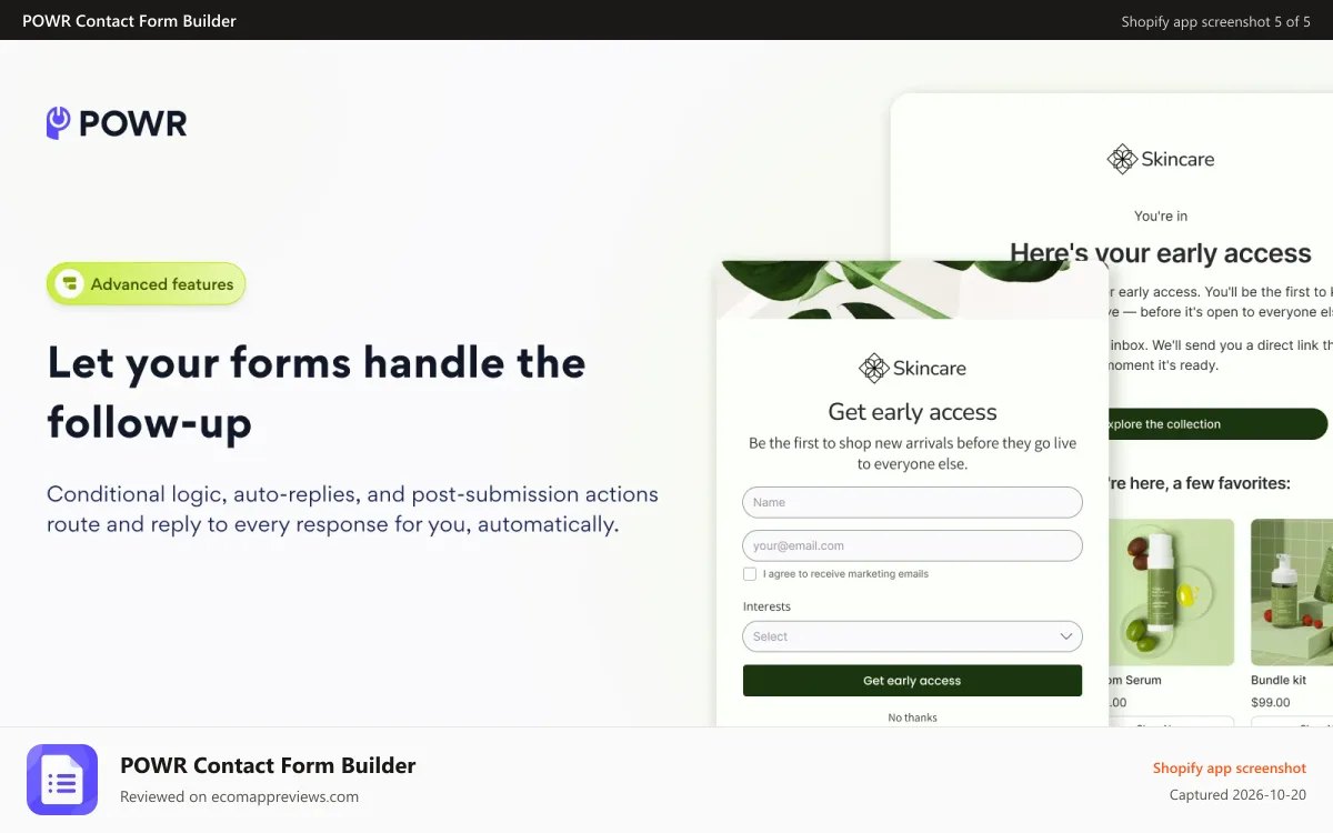 POWR Contact Form Builder Shopify app screenshot: Let your forms handle the follow-up
