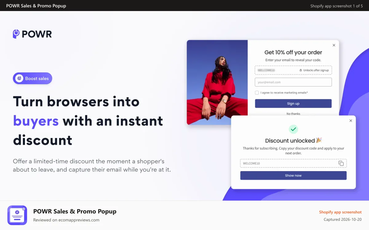 POWR Sales & Promo Popup Shopify app screenshot: Shopify discount popup with instant email capture