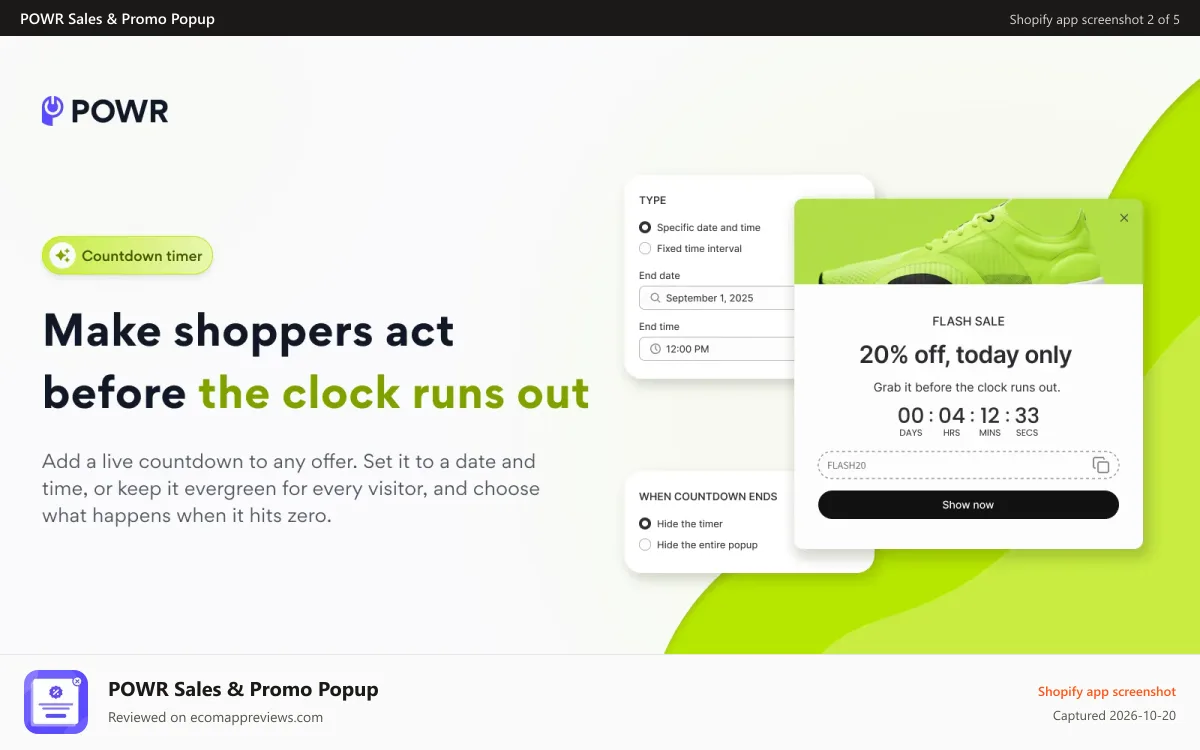 POWR Sales & Promo Popup Shopify app screenshot: Countdown timer popup with a limited-time discount code