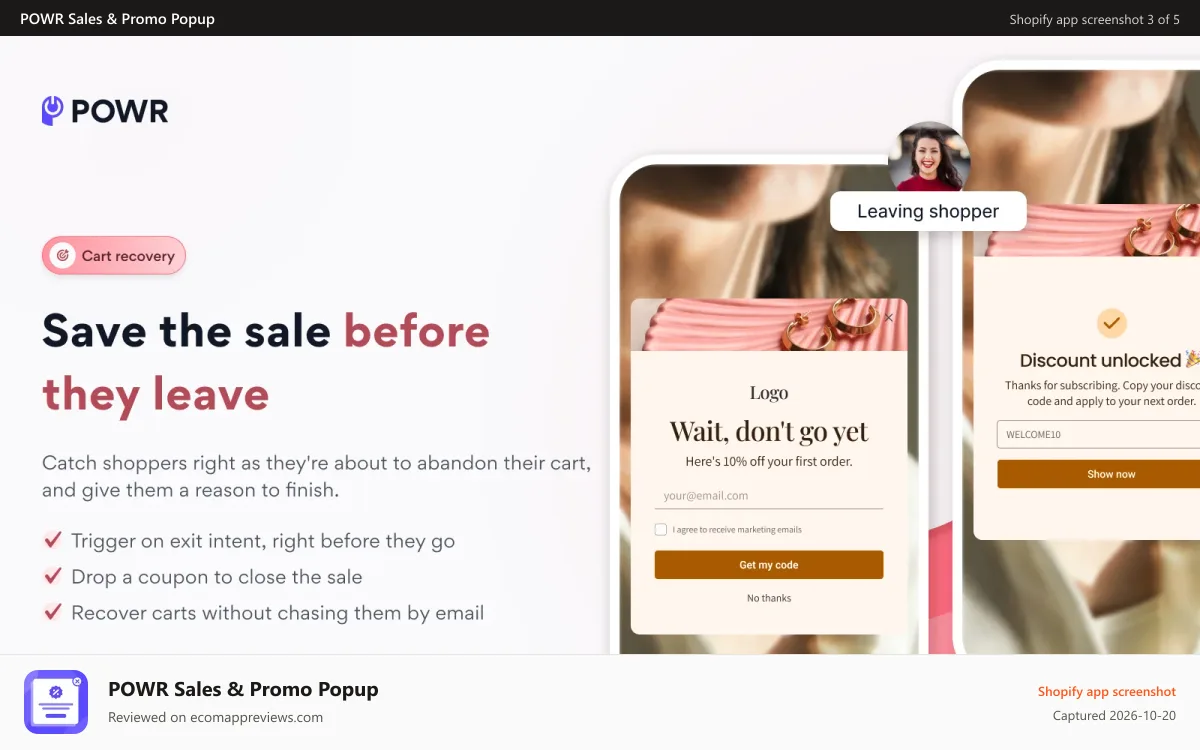 POWR Sales & Promo Popup Shopify app screenshot: Exit-intent popup to recover abandoned Shopify carts
