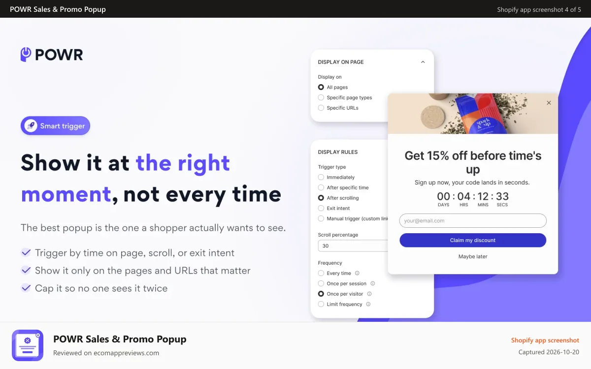 POWR Sales & Promo Popup Shopify app screenshot: Smart popup triggers: exit intent, scroll, page targeting