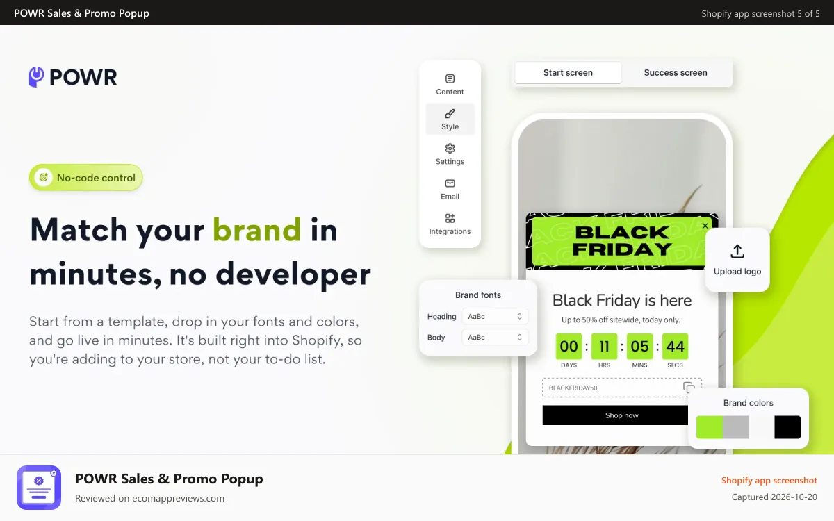 POWR Sales & Promo Popup Shopify app screenshot: No-code popup editor matches your Shopify brand