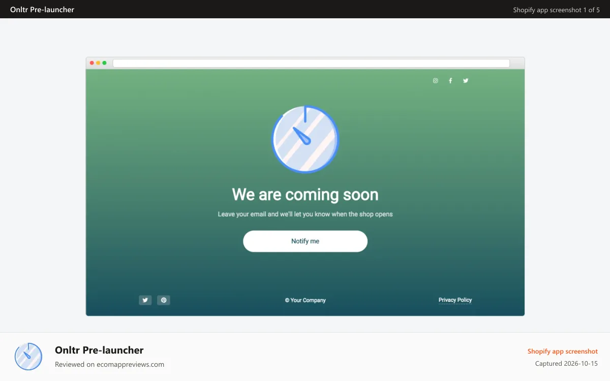Onltr Pre‑launcher Shopify app screenshot: Coming soon / Pre-launch page