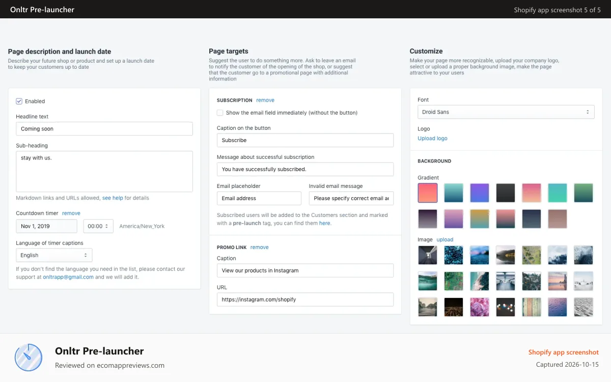 Onltr Pre‑launcher Shopify app screenshot: Settings #1