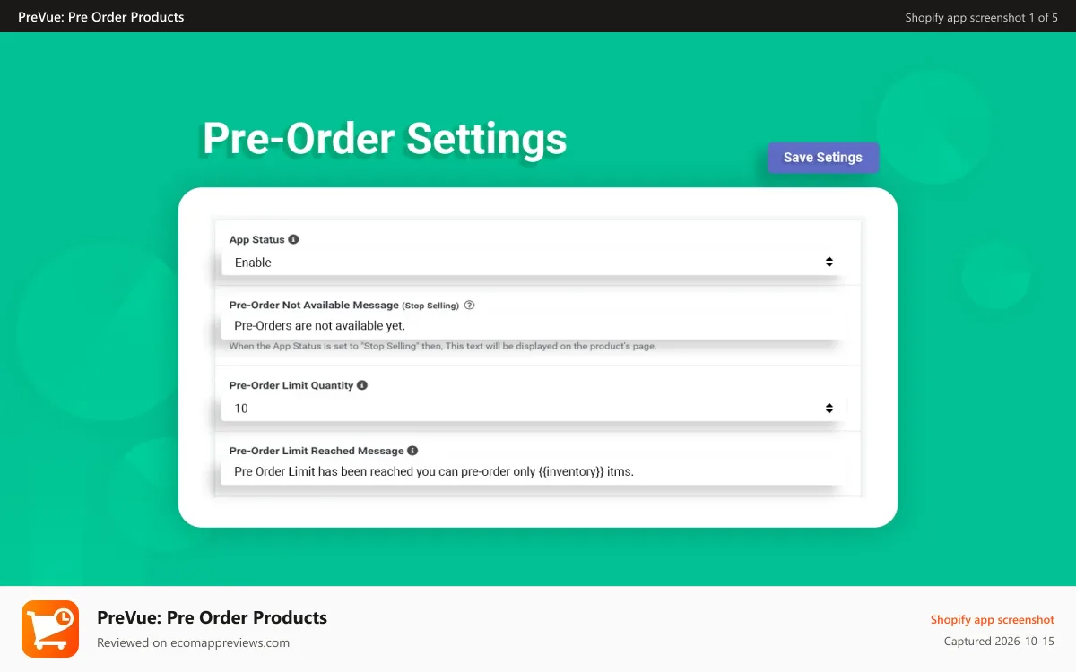 PreVue: Pre Order Products Shopify app screenshot: PreVue: Pre Order Products settings