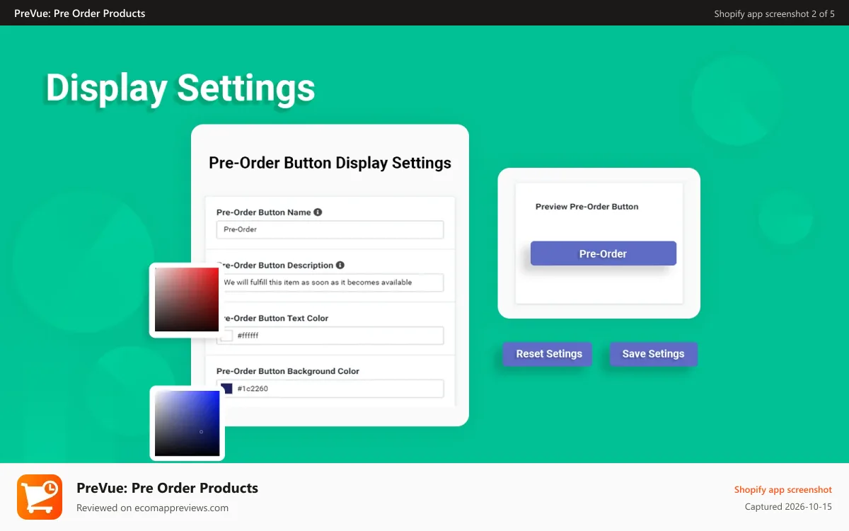 PreVue: Pre Order Products Shopify app screenshot: PreVue: Pre Order Products display settings
