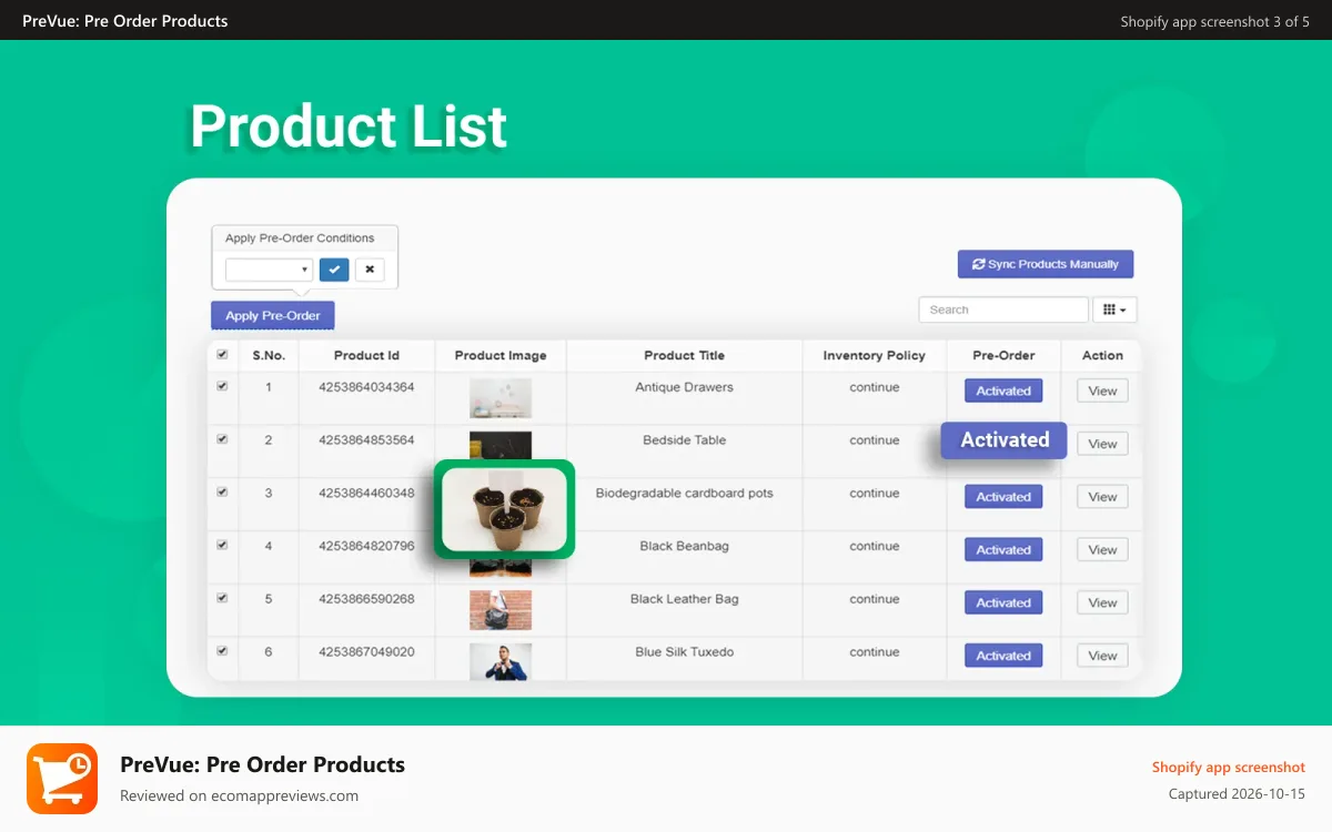 PreVue: Pre Order Products Shopify app screenshot: PreVue: Pre Order Products product list