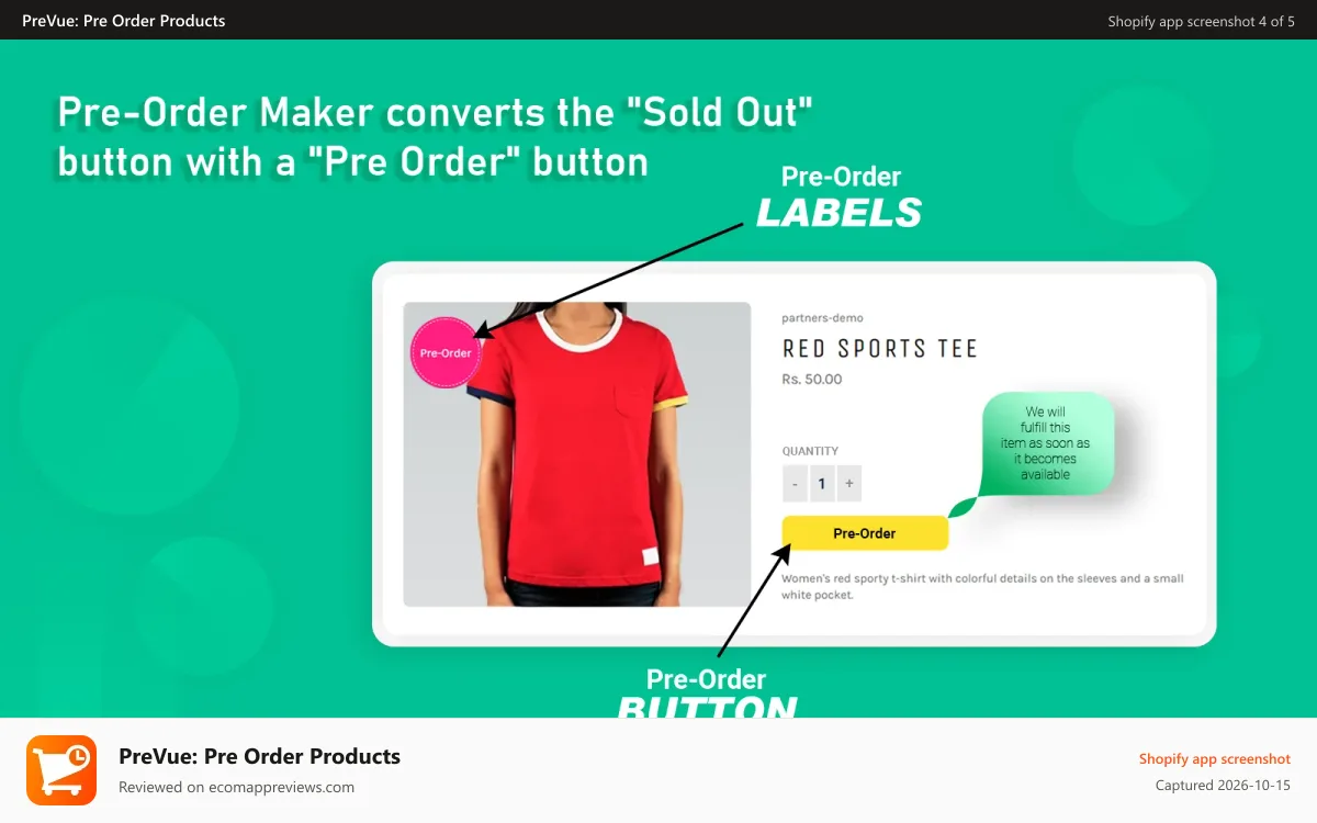 PreVue: Pre Order Products Shopify app screenshot: PreVue: Pre Order Products button on product page