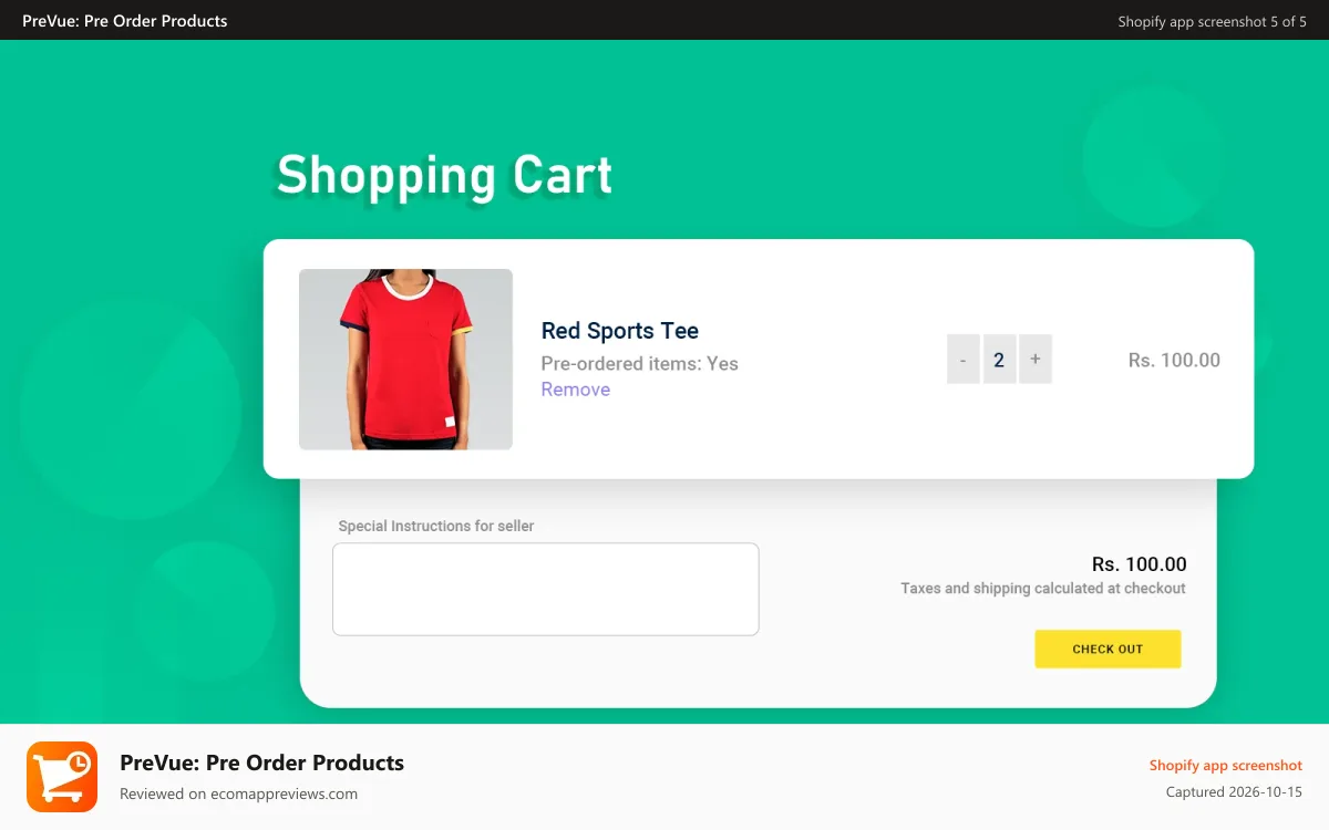 PreVue: Pre Order Products Shopify app screenshot: PreVue: Pre Order Products line item on cart page