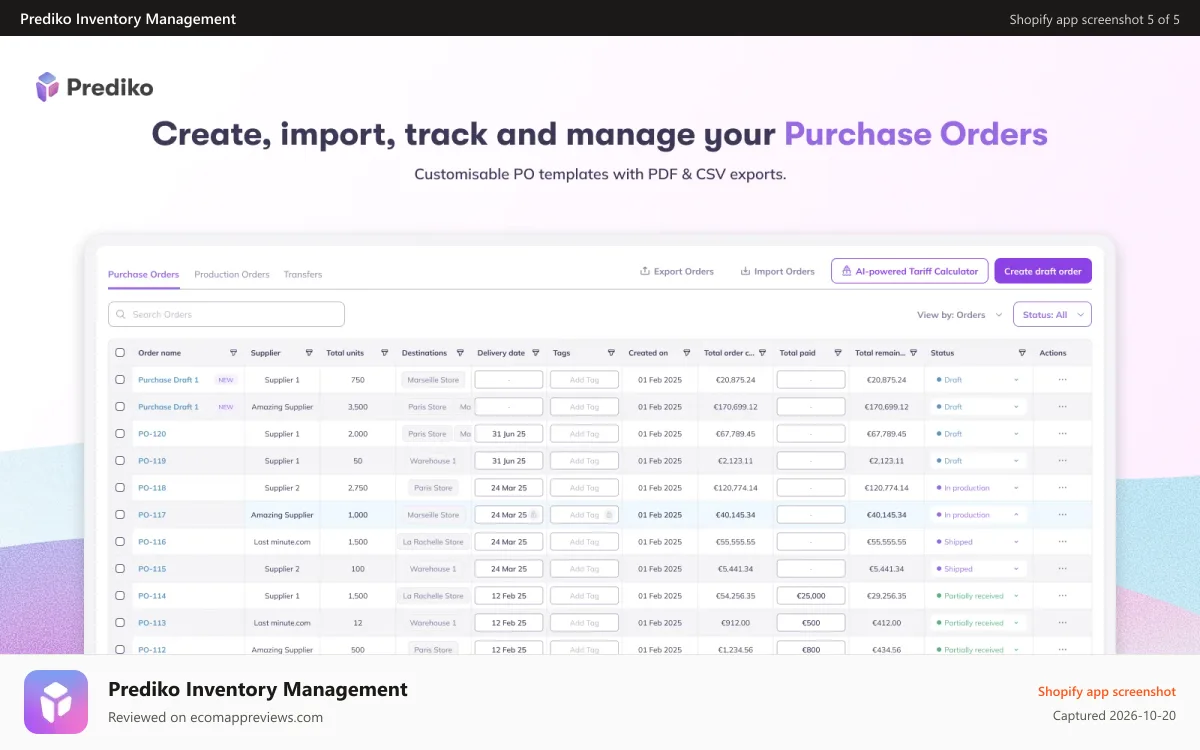 Prediko Inventory Management Shopify app screenshot: Best purchase order management app on Shopify for D2C brands