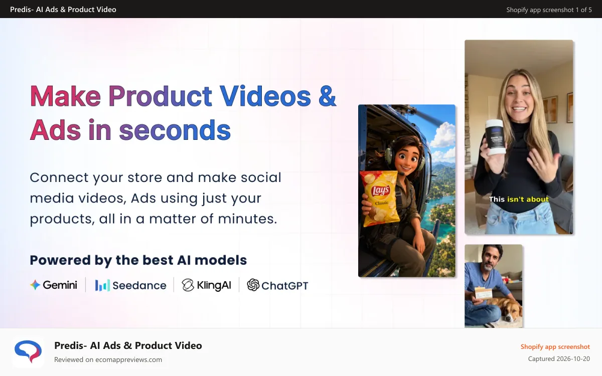 Predis‑ AI Ads & Product Video Shopify app screenshot: make product ads and product videos with AI