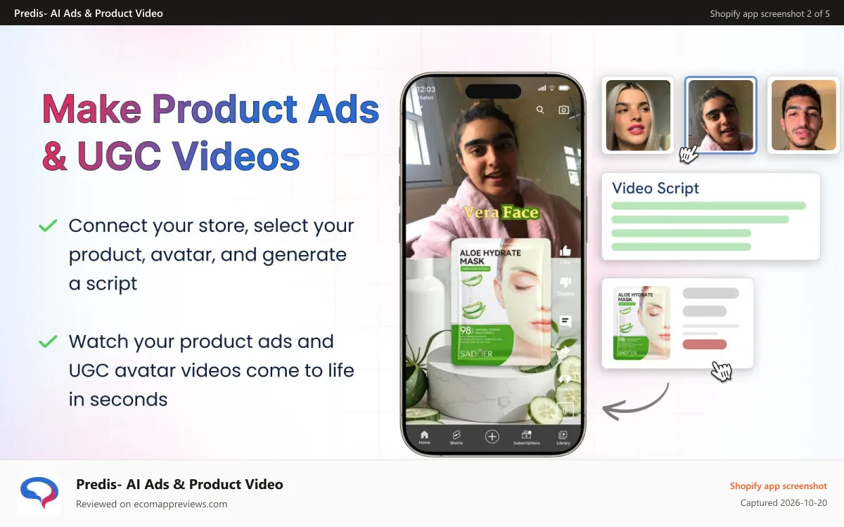 Predis‑ AI Ads & Product Video Shopify app screenshot: make ugc product videos with custom avatars