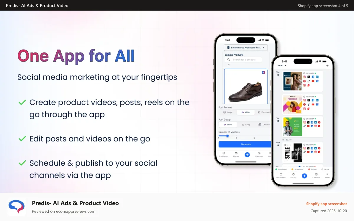 Predis‑ AI Ads & Product Video Shopify app screenshot: mobile app for shopify store products social media marketing