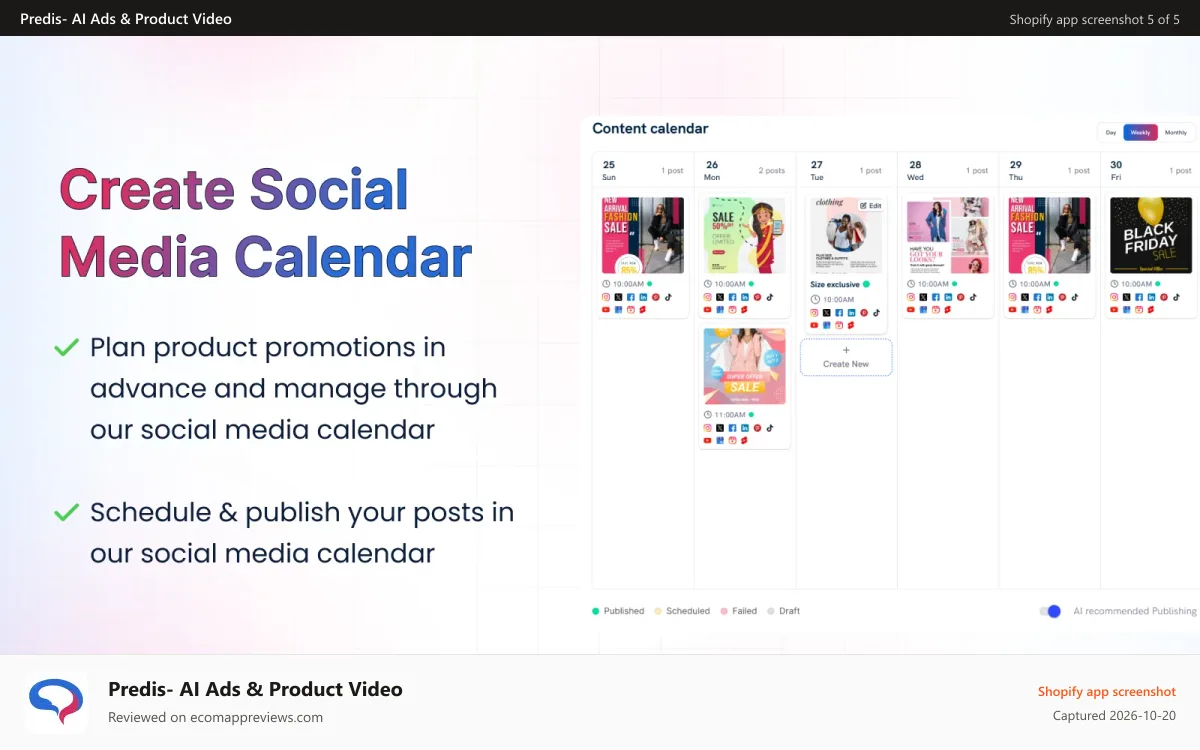 Predis‑ AI Ads & Product Video Shopify app screenshot: create content calendar for your social media accounts using AI