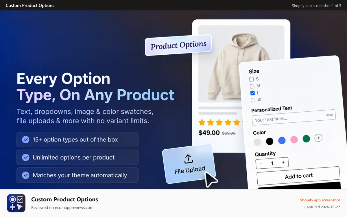 Custom Product Options Shopify app screenshot: Product options