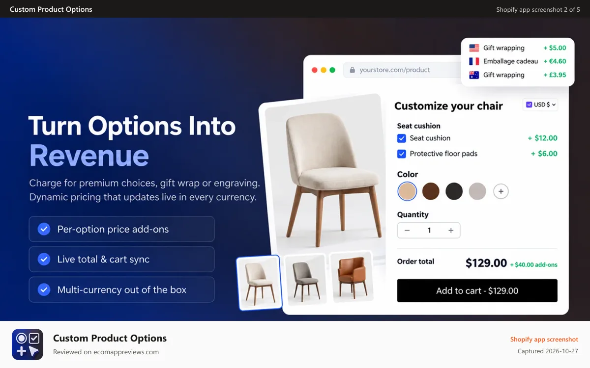 Custom Product Options Shopify app screenshot: multi-currency