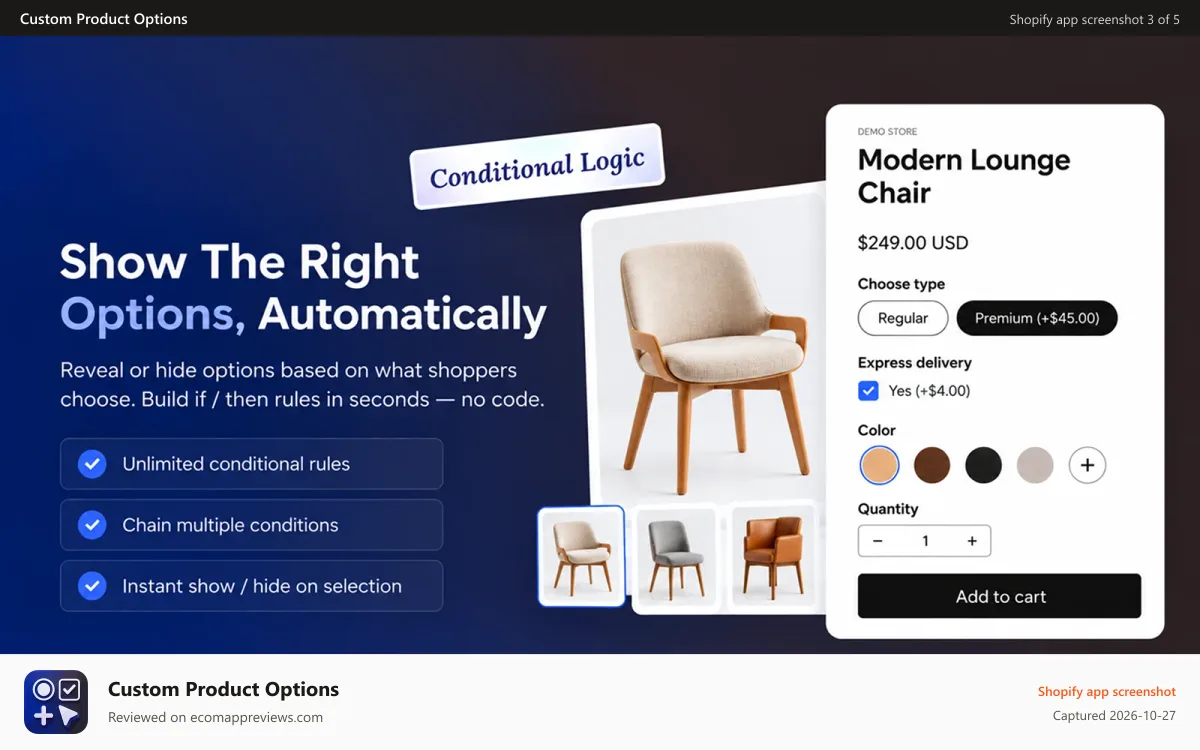 Custom Product Options Shopify app screenshot: conditional logic