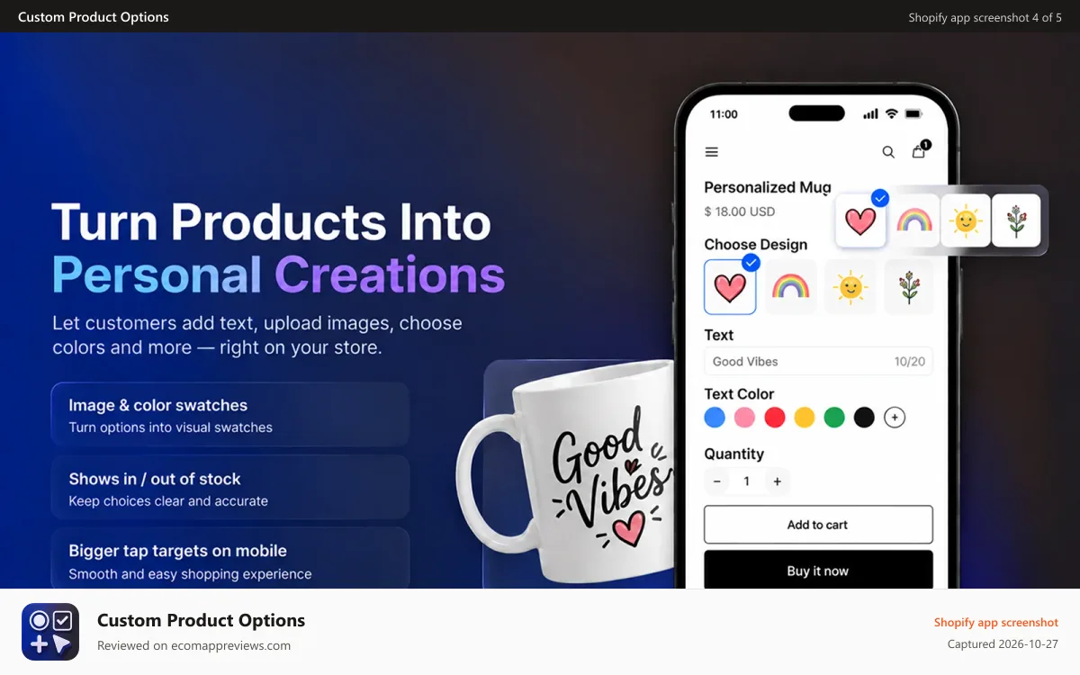 Custom Product Options Shopify app screenshot: image swtch