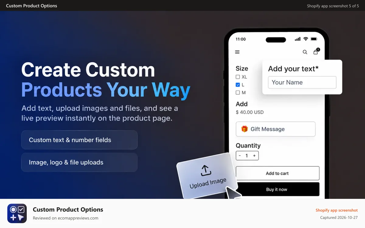 Custom Product Options Shopify app screenshot: text fields