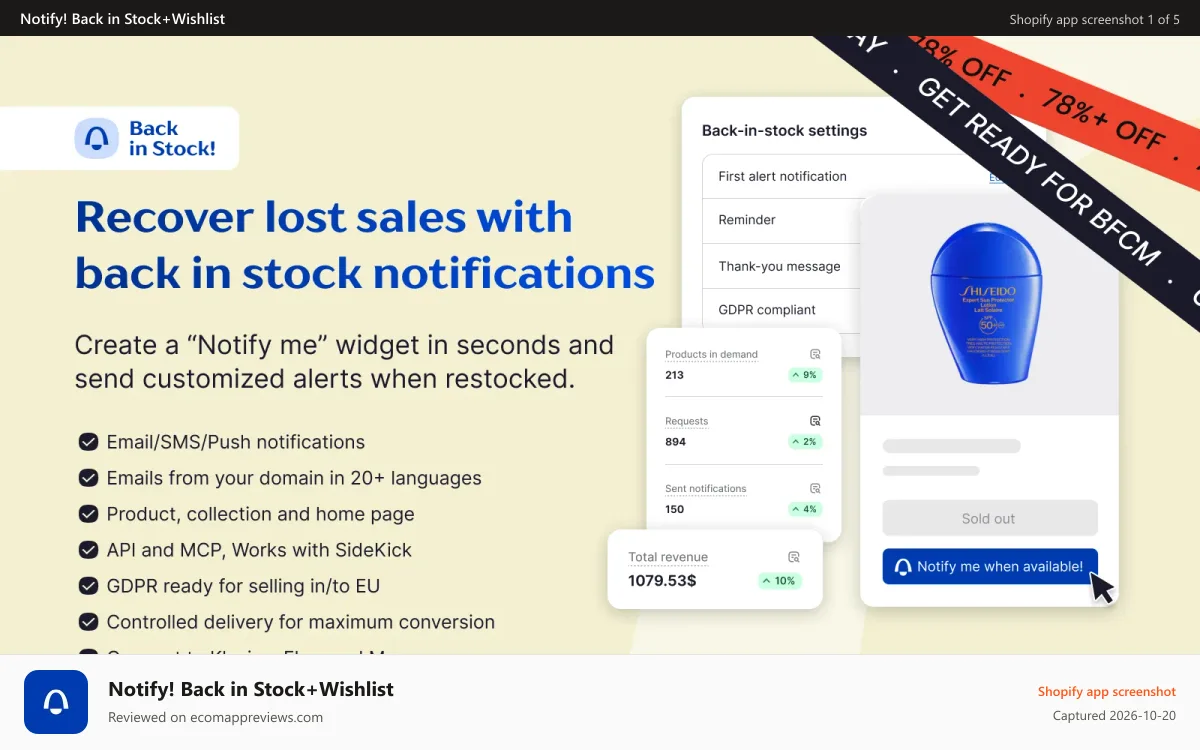 Notify! Back in Stock+Wishlist Shopify app screenshot: Back In Stock and Restock Alerts notify your customers