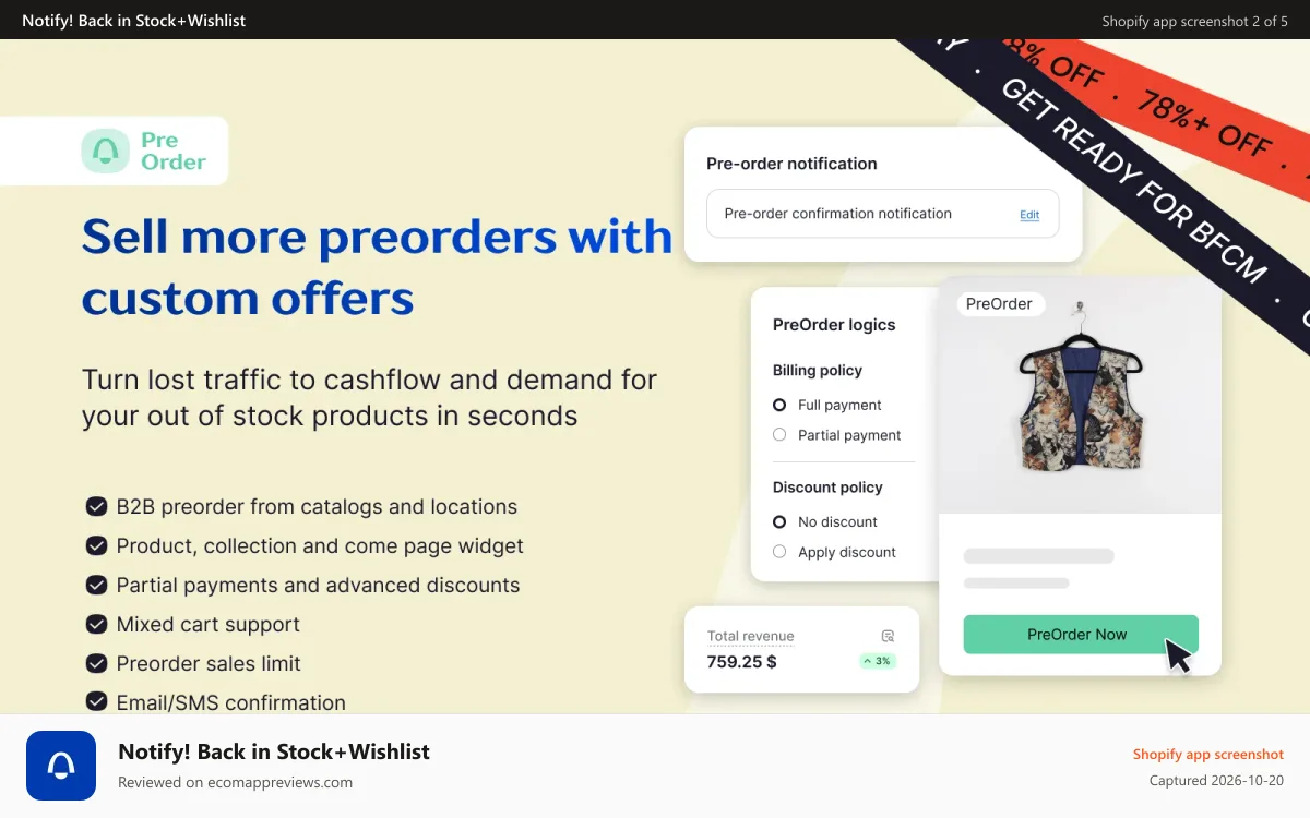 Notify! Back in Stock+Wishlist Shopify app screenshot: Add “preorder” button to enable presale for your store