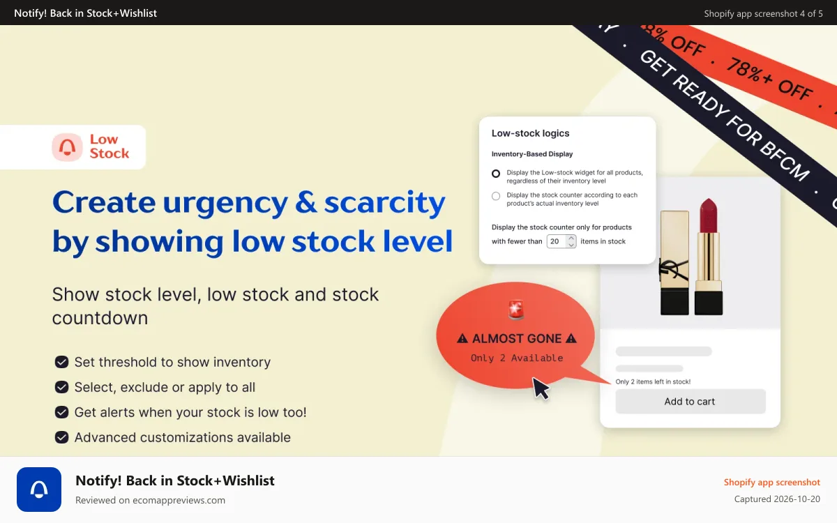 Notify! Back in Stock+Wishlist Shopify app screenshot: Create FOMO and sell last items with low stock