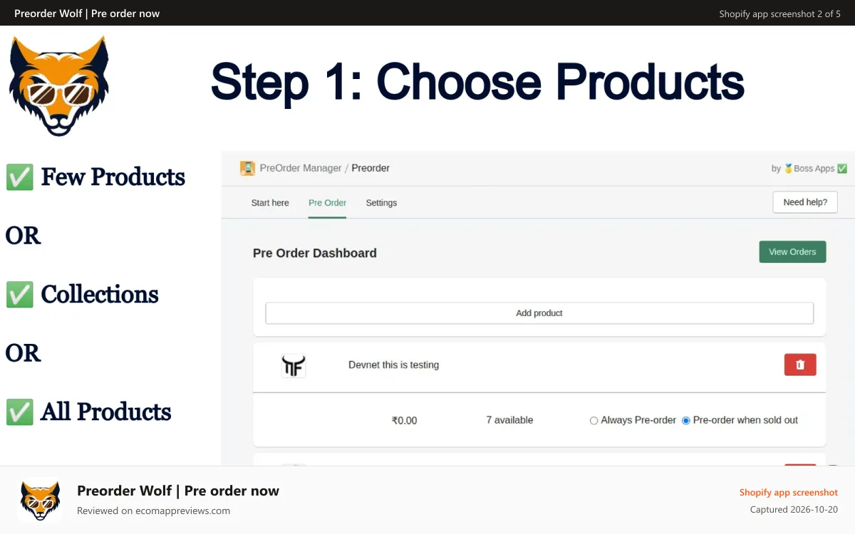 Preorder Wolf | Pre order now Shopify app screenshot: s1 - choose products for preorders