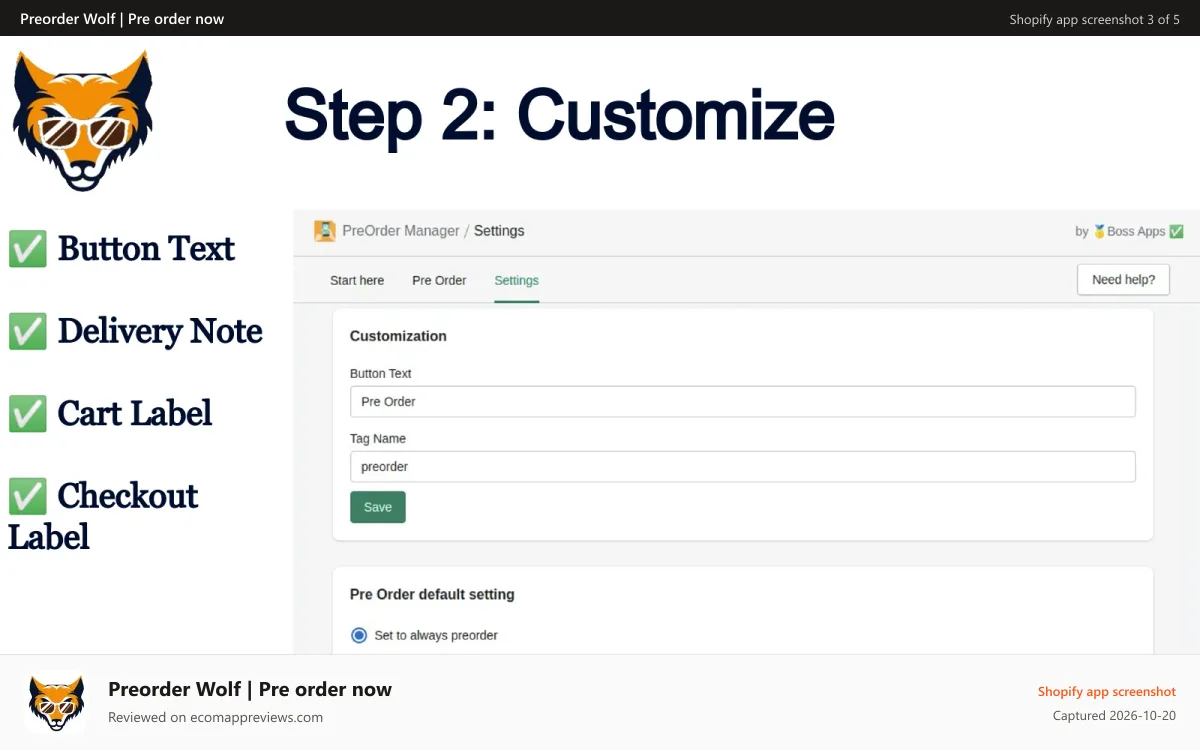 Preorder Wolf | Pre order now Shopify app screenshot: s2 - customize button texts