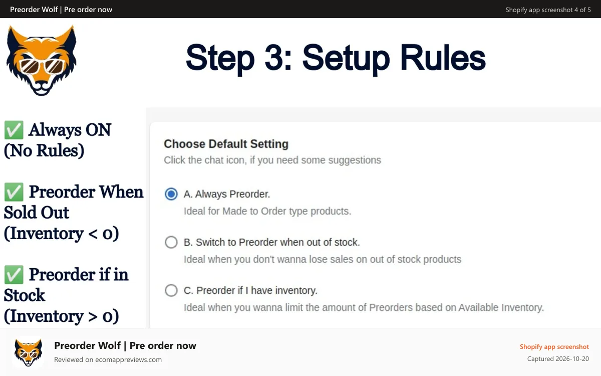 Preorder Wolf | Pre order now Shopify app screenshot: automation setup rules for preorders