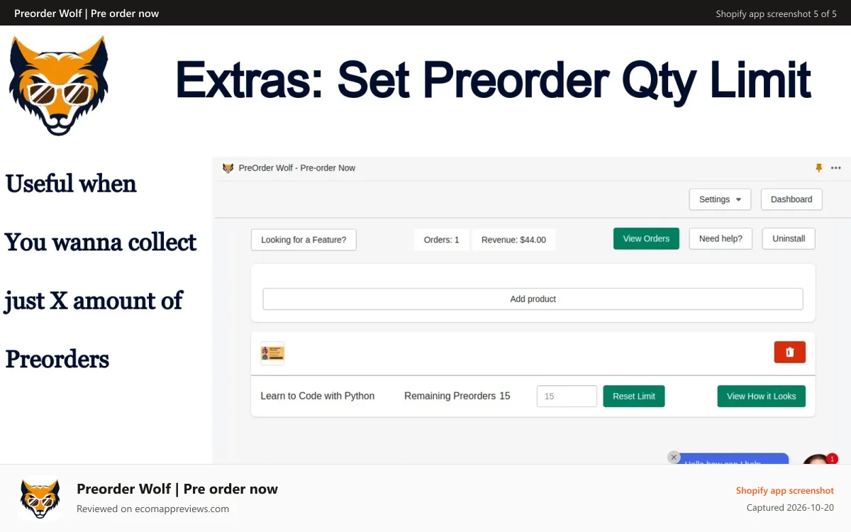 Preorder Wolf | Pre order now Shopify app screenshot: Set preorder limits
