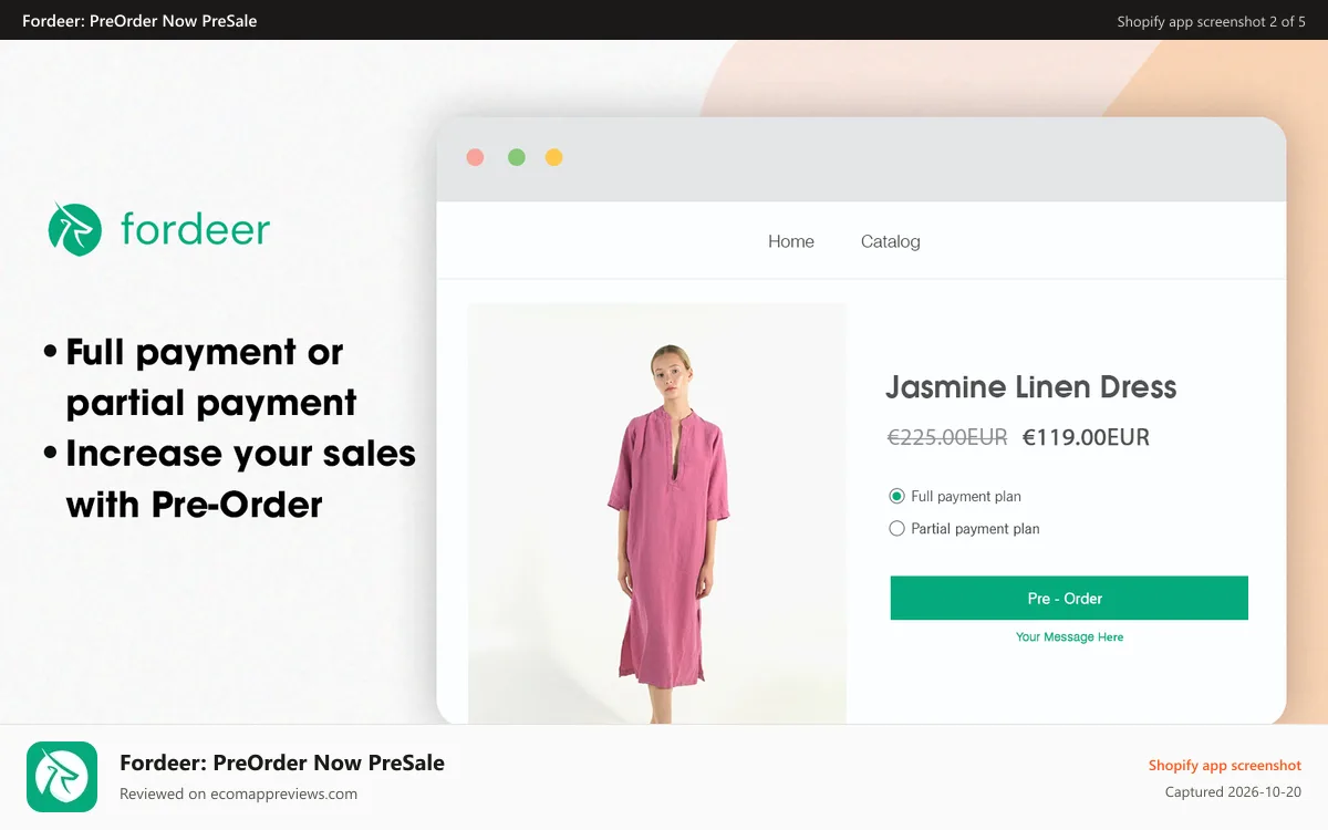 Fordeer: PreOrder Now PreSale Shopify app screenshot: Full payment or partial payment.