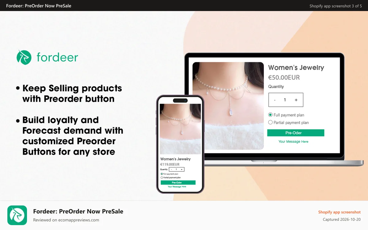 Fordeer: PreOrder Now PreSale Shopify app screenshot: Build loyalty and Forecast demand
