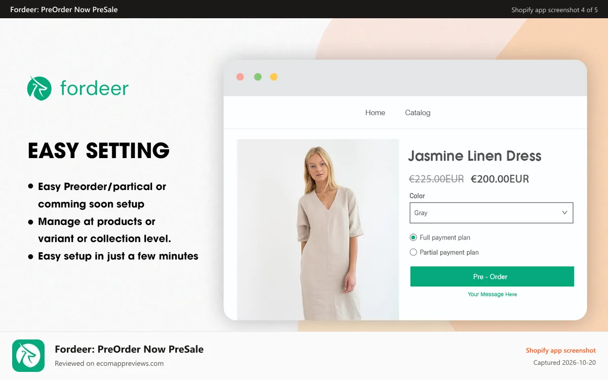 Fordeer: PreOrder Now PreSale Shopify app screenshot: Easy setup in just a few minutes.