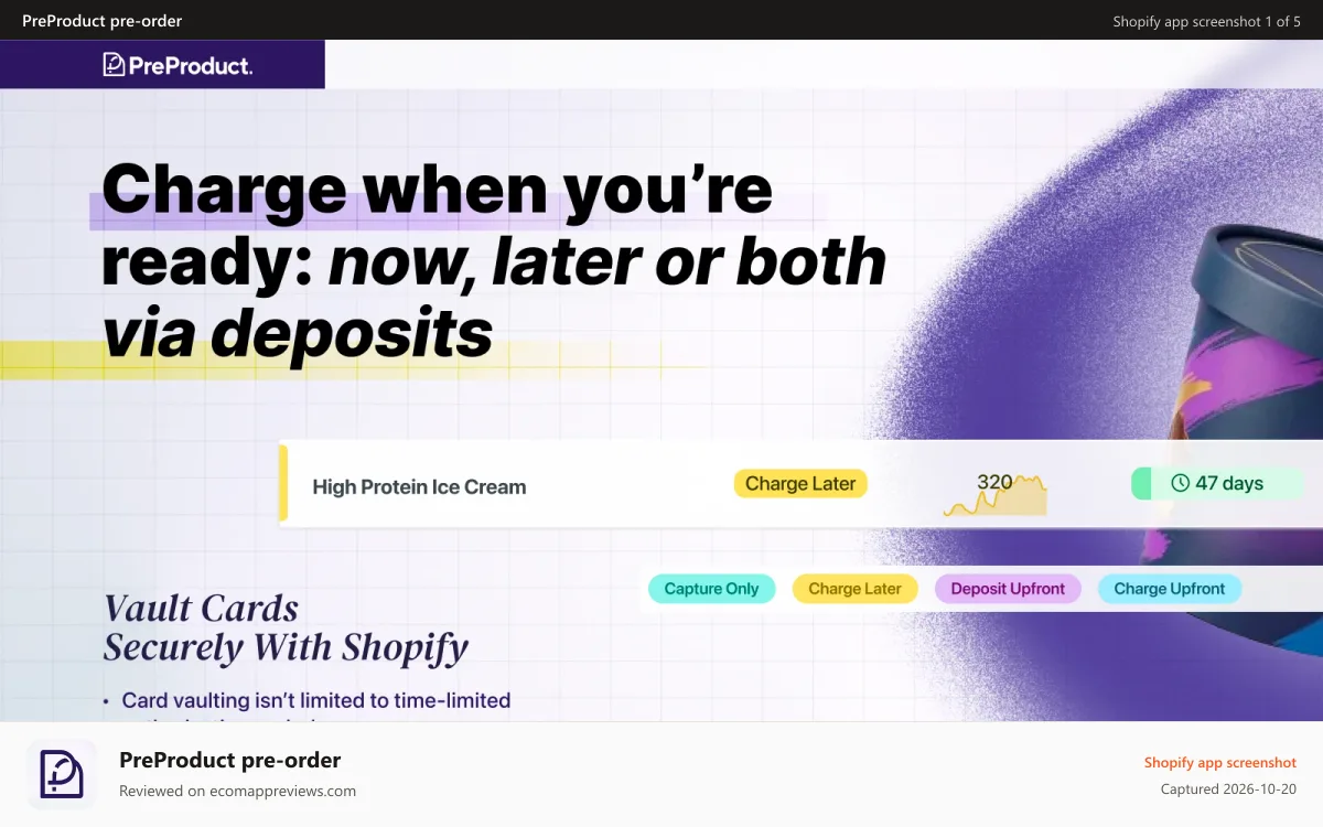 PreProduct pre‑order Shopify app screenshot: Charge when you’re ready: now, later or both via deposits