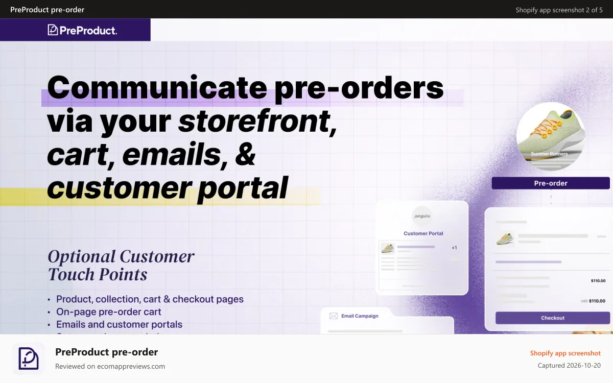 PreProduct pre‑order Shopify app screenshot: Communicate pre-orders via your storefront, cart, emails, & c