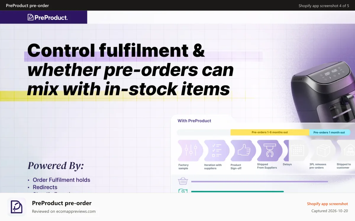 PreProduct pre‑order Shopify app screenshot: Control fulfilment & whether pre-orders can mix with in-stock