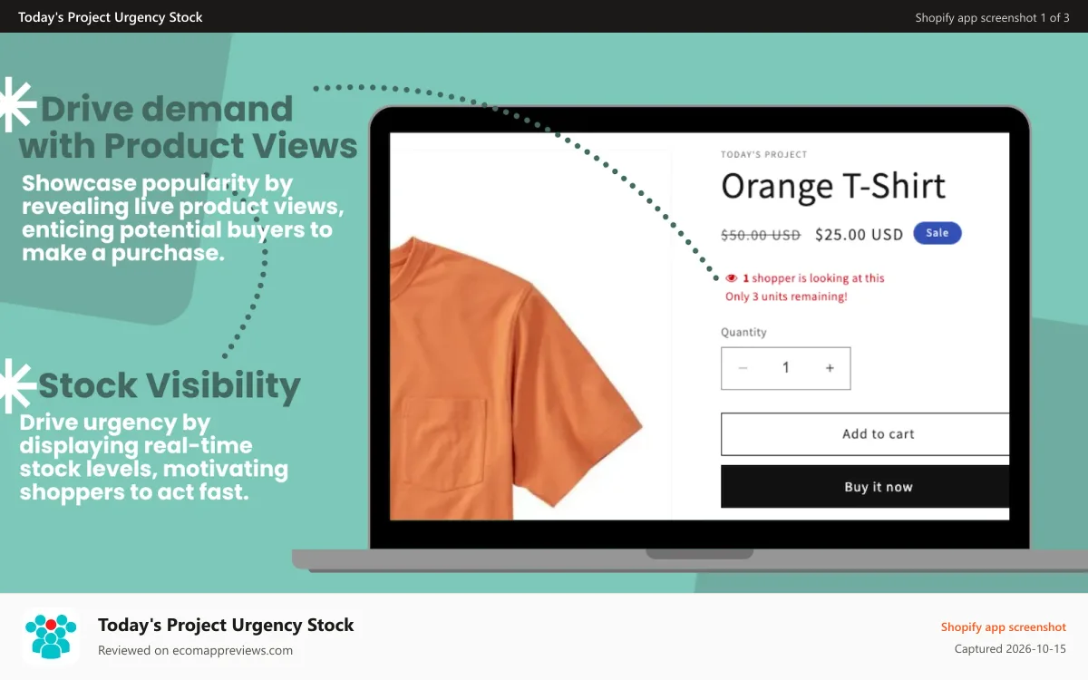 Today's Project Urgency Stock Shopify app screenshot: Drive demand with product views and stock visibility