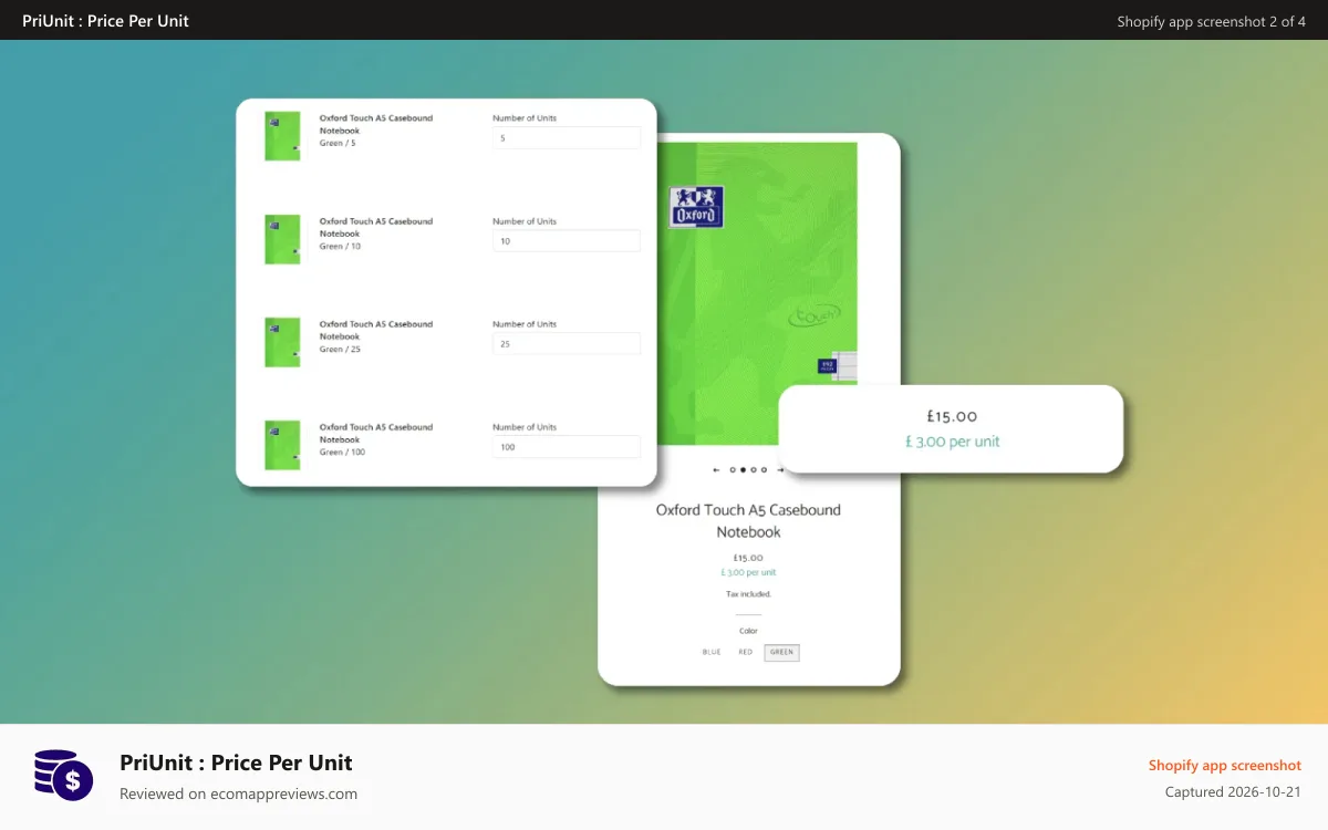 PriUnit : Price Per Unit Shopify app screenshot: PriUnit : Price Per UnitPriUnit : Price Per Unit PriUnit : Price