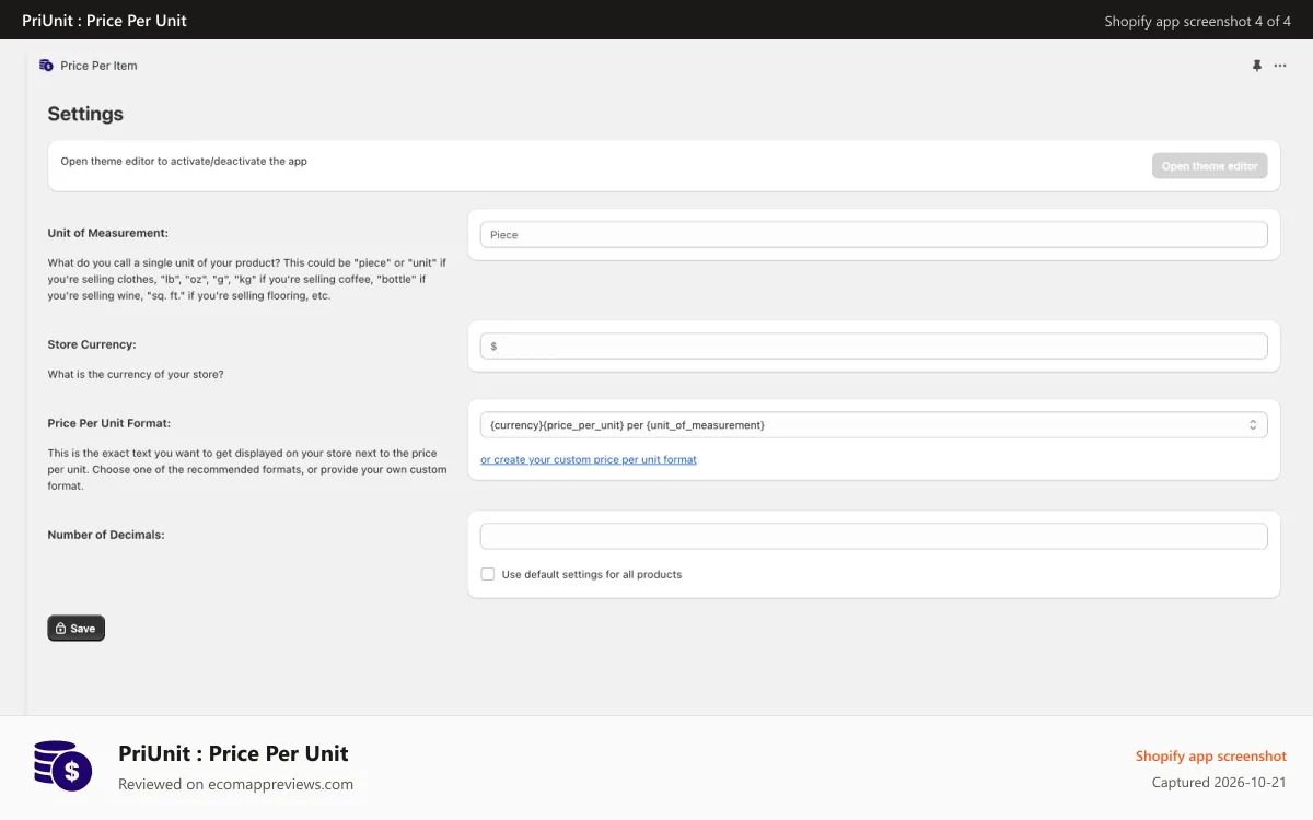PriUnit : Price Per Unit Shopify app screenshot: PriUnit : Price Per Unit PriUnit : Price Per UnitPriUnit : Price