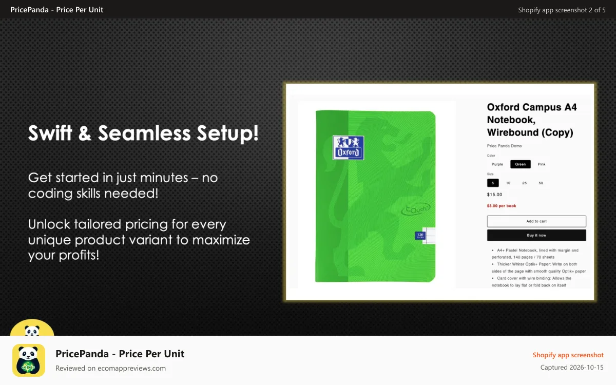 PricePanda ‑ Price Per Unit Shopify app screenshot: Swift and Seamless Setup
