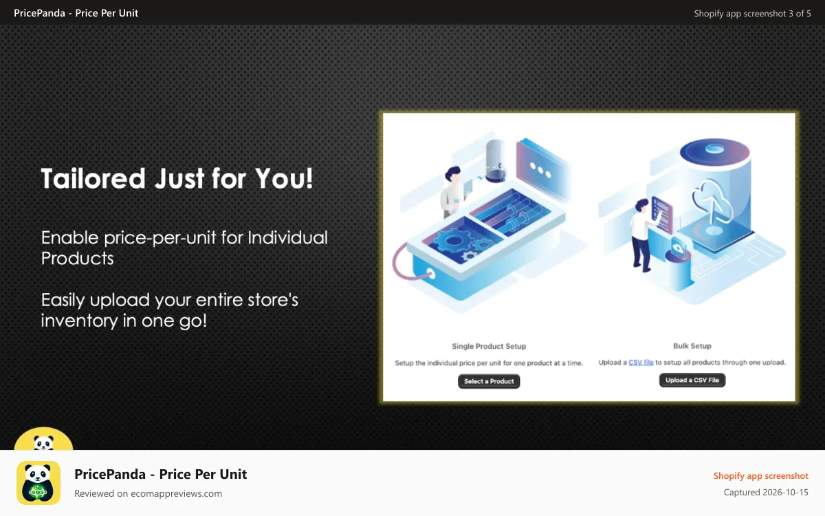PricePanda ‑ Price Per Unit Shopify app screenshot: Enable individual or bulk upload all your products