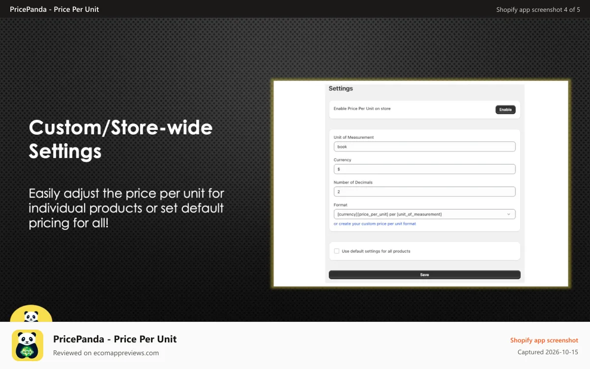 PricePanda ‑ Price Per Unit Shopify app screenshot: Enable individual product or store wide product settings