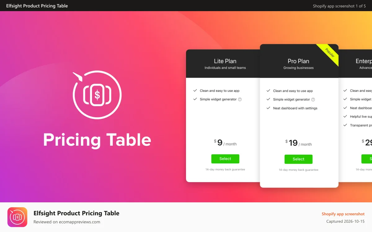 Elfsight Product Pricing Table Shopify app screenshot: Shopify Pricing Table by Elfsight