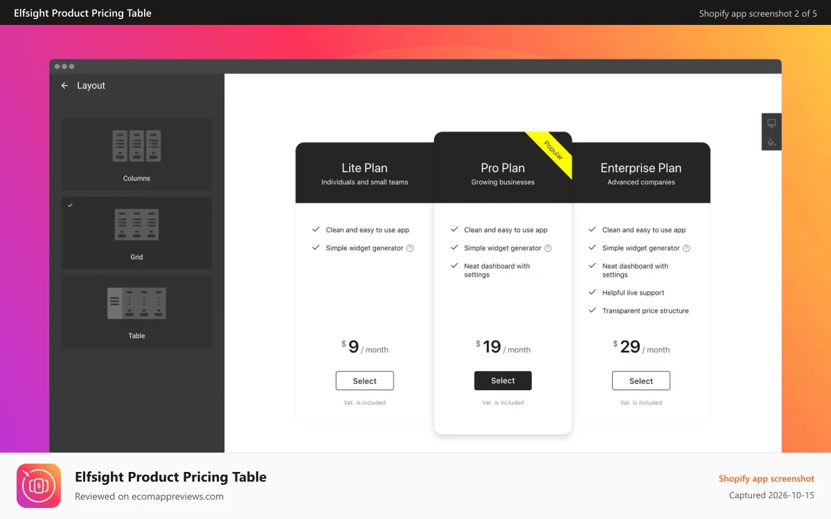 Elfsight Product Pricing Table Shopify app screenshot: Three predefined layouts for you pricing table