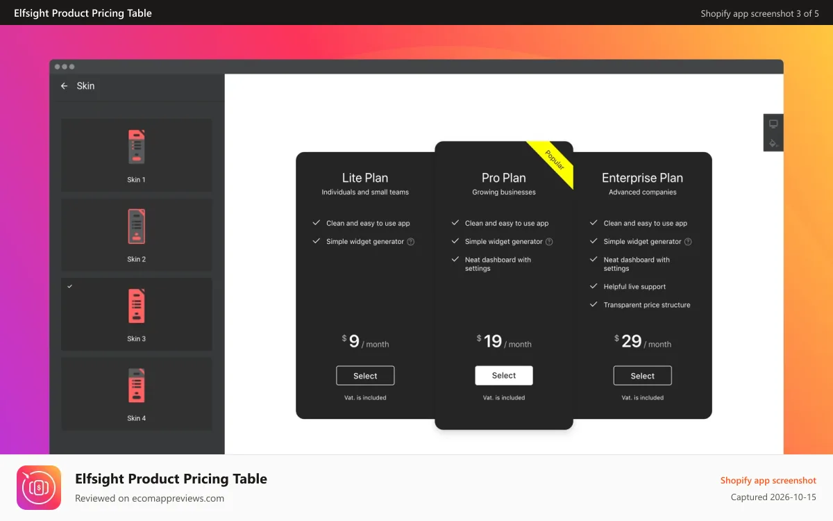 Elfsight Product Pricing Table Shopify app screenshot: Pick your skin and customize colors of the pricing in one click