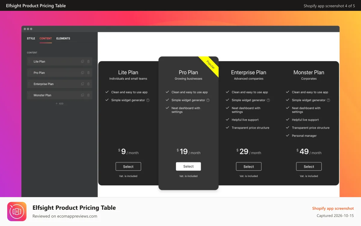 Elfsight Product Pricing Table Shopify app screenshot: Set the number of columns, their order, and add your content